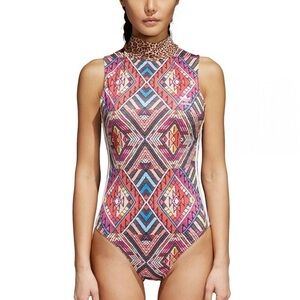 Adidas women’s bodysuit Originals X Farm multi print leopard high neck Sz-S P18